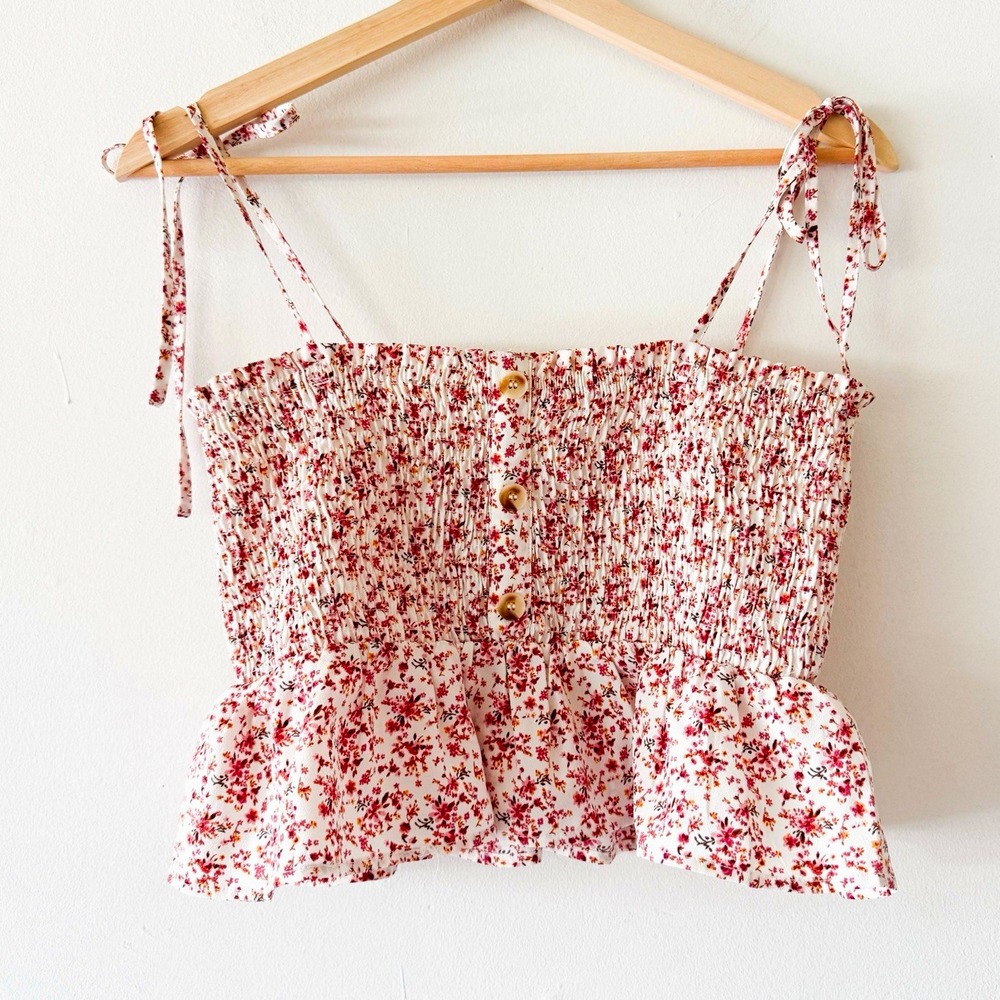 Paper Crane Floral Smocked Ruffle Hem Spaghetti Strap Tank Top Size M